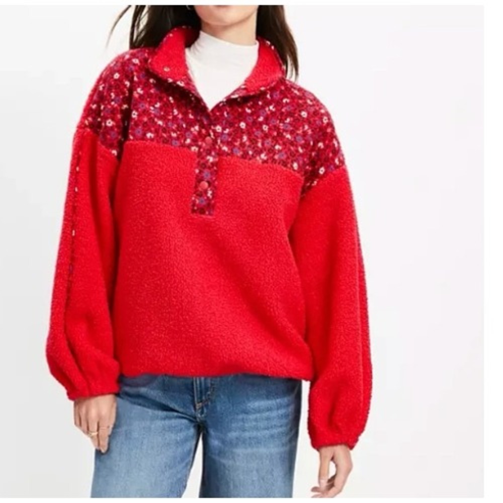 Loft Red Mixed Media Sherpa Fleece Floral Quilted Yoke Snap Pullover Large